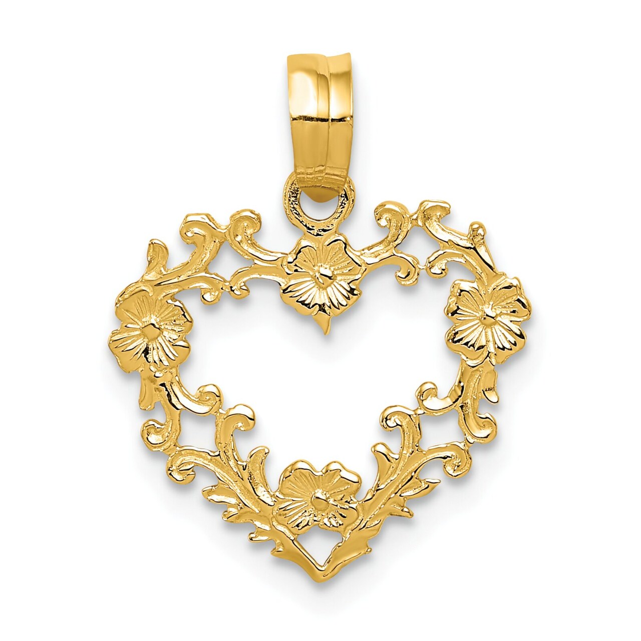 14K Yellow Gold Flower Heart Charm Floral Love Pendant! Jewerly 19mm x 15mm